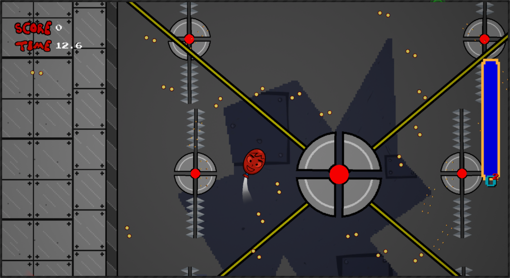 Screenshot of BalloonMan dodging bullets, lasers, and spikes